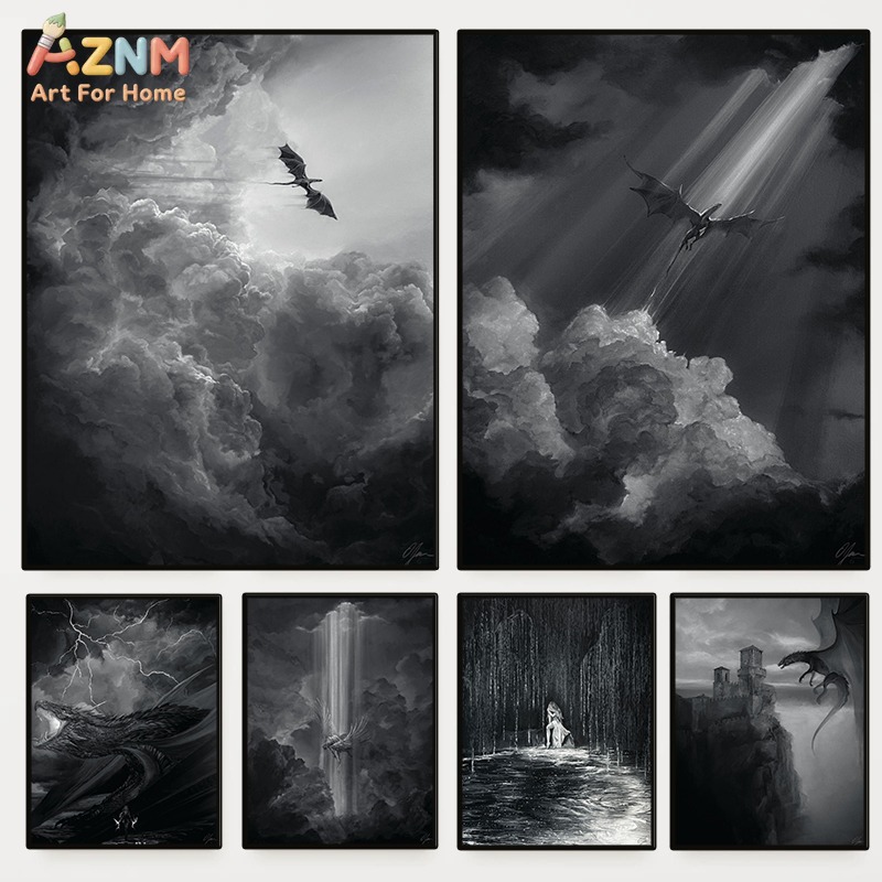 Home Decor Medieval - AZNM Black White Fantasy Dragon Frameless